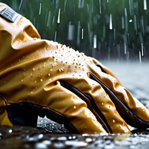 Home 19 **Image prompt:** Close-up of a hand wearing a high-quality Gore-Tex waterproof glove in heavy rain. Focus on the water beading up on the fabric and the glove's robust stitching. The background should be blurred to emphasize the glove's water-resistant properties.