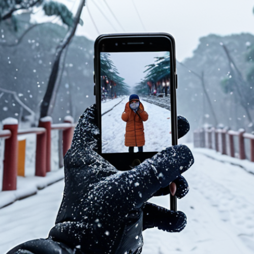 Home 18 **Image of a person struggling to use a smartphone with thick gloves on in a cold, possibly snowy, Vietnamese winter scene. Focus on the frustration of cold hands and difficulty interacting with the screen.**
