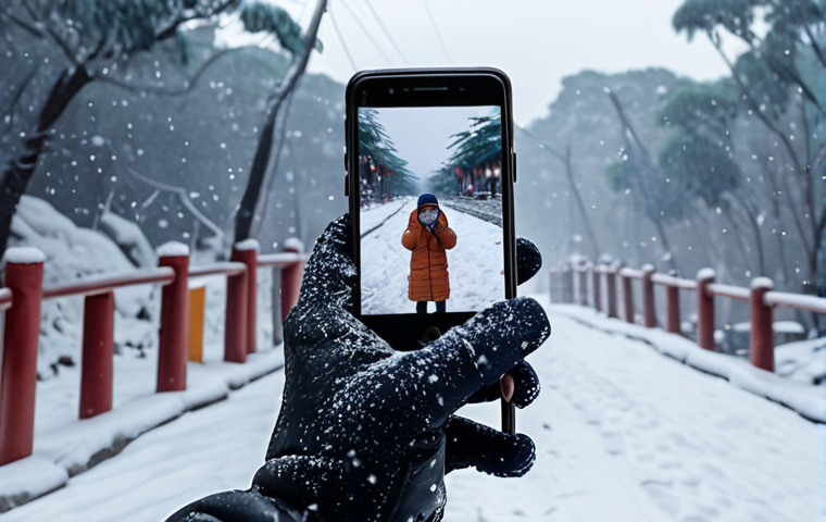 **Image of a person struggling to use a smartphone with thick gloves on in a cold, possibly snowy, Vietnamese winter scene. Focus on the frustration of cold hands and difficulty interacting with the screen.**
