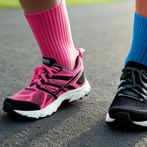 Home 17 **Image Prompt:** Close-up shot of various running socks (cotton, polyester, merino wool, blended fabrics) showcasing different textures and cushioning levels (no cushion, light, medium, thick). Focus on detail and material differences. Include running shoes in the background.