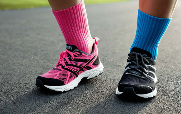 **Image Prompt:** Close-up shot of various running socks (cotton, polyester, merino wool, blended fabrics) showcasing different textures and cushioning levels (no cushion, light, medium, thick). Focus on detail and material differences. Include running shoes in the background.