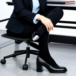 A professional businesswoman in a modest, dark business suit, sitting comfortably at a modern office desk, one foot slightly extended, showcasing professional black cotton blend crew socks paired with polished black leather low-heeled shoes. The background is a bright, contemporary workspace with subtle office decor. The subject maintains a natural, confident pose with perfect anatomy and correct proportions, well-formed hands, and proper finger count. The image is safe for work, appropriate content, fully clothed, professional, high-quality, studio lighting, sharp focus, professional photography.