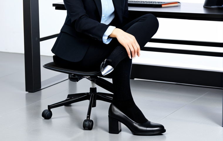 A professional businesswoman in a modest, dark business suit, sitting comfortably at a modern office desk, one foot slightly extended, showcasing professional black cotton blend crew socks paired with polished black leather low-heeled shoes. The background is a bright, contemporary workspace with subtle office decor. The subject maintains a natural, confident pose with perfect anatomy and correct proportions, well-formed hands, and proper finger count. The image is safe for work, appropriate content, fully clothed, professional, high-quality, studio lighting, sharp focus, professional photography.